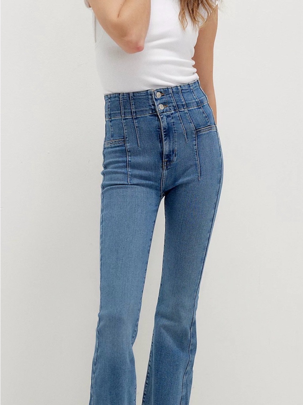 Free People Medium Blue Flare Jeans — High-Rise Wide Leg